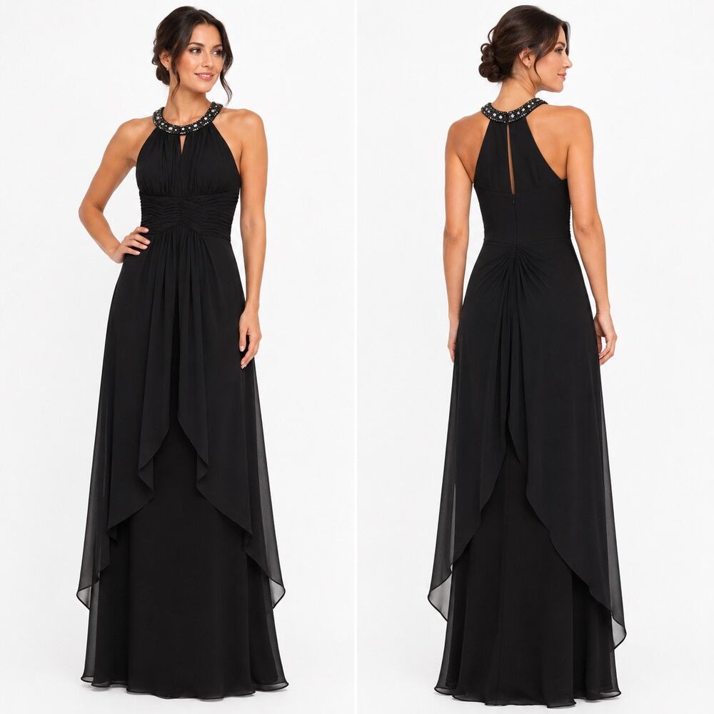 Eliza J New York Black Beaded Halter Layered Chiffon Cocktail Dress Size 2